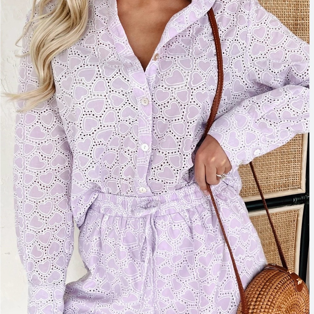 Lena Lavender Heart Patterned Button-Up Shirt and Short Set